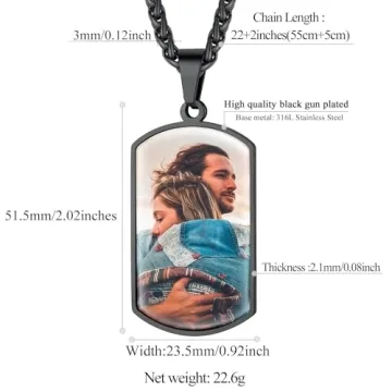 Customized Necklace Black Dog Tag Personalized for Men Picture Chain Photo Pendant Custom Circle Chain Image Print Memorial Gifts for Loss of Mother Father Keepsakes Military Jewelry Wheat Chain 22''