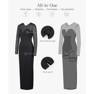 Popilush Formal Long Sleeve Dresses for Women Corset Shapewear Bodycon Long Dress Mesh Long Sleeve Party Dress 2025 Black