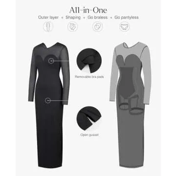 Popilush Formal Long Sleeve Dresses for Women Corset Shapewear Bodycon Long Dress Mesh Long Sleeve Party Dress 2025 Black