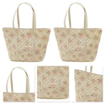 AZURAOKEY Floral Tote Bag - Aesthetic Cotton Quilted Handbag for Women