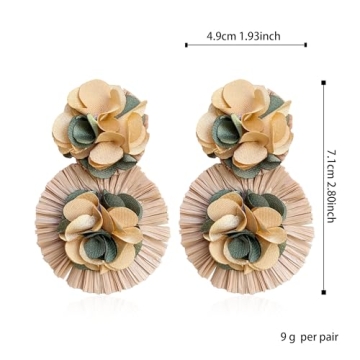 QIAOLEHUI Colorful Rattan Earrings for Women Statement Boho Raffia Straw Wrapped Flower Drop Dangle Earrings Summer Tropical Beach Jewelry (Brown)