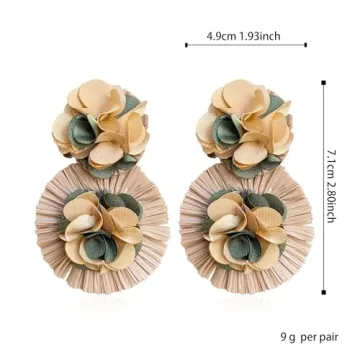 QIAOLEHUI Colorful Rattan Earrings for Women Statement Boho Raffia Straw Wrapped Flower Drop Dangle Earrings Summer Tropical Beach Jewelry (Brown)