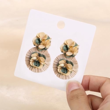 QIAOLEHUI Colorful Rattan Earrings for Women Statement Boho Raffia Straw Wrapped Flower Drop Dangle Earrings Summer Tropical Beach Jewelry (Brown)