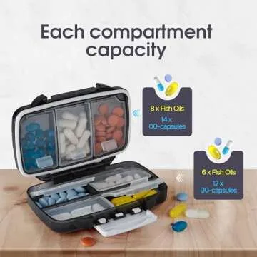Travel Pill Organizer - Moisture Proof Portable Vitamin Holder with 7 Compartments, Compact Supplement Case for Purse Essential Medicine Kit fot Traveling Pocket Pharmacy with Labels, Black