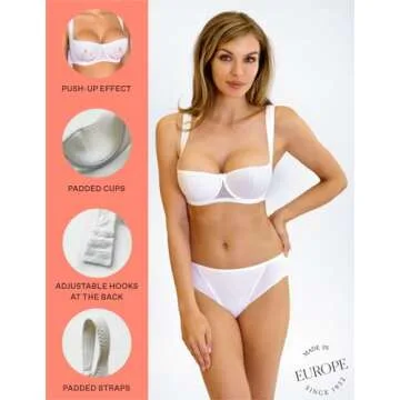 Rosme Women's Balconette Bra with Push Up Effect – Plus Size Sexy Lace Demi Half Cup Bra – Lightly Padded Underwired Low Cut Mesh Design Grand, White, Size 34D