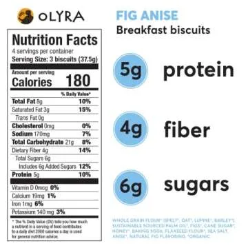 Olyra Organic Breakfast Biscuits Fig Anise | Healthy Snacks, Low Sugar, High Fiber, Plant Based Prot...