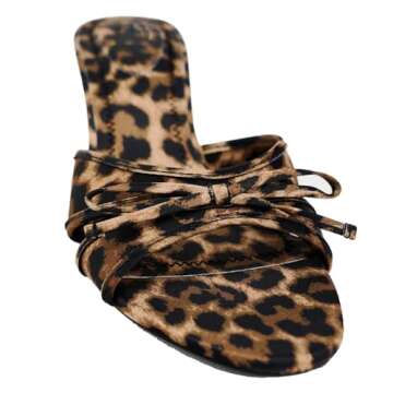 YIYA Women's Leopard Print Mules Heels with Bow Open Round Toe Stiletto High Heels Party Dress Slip On Backless Sandals