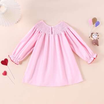 Toddler Baby Girl Outfit Love Heart Smocked Dress Vintage Princess Dresses Fall Winter Clothes (Pink, 12-18 Months)