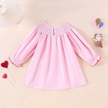 Toddler Baby Girl Outfit Love Heart Smocked Dress Vintage Princess Dresses Fall Winter Clothes (Pink, 12-18 Months)