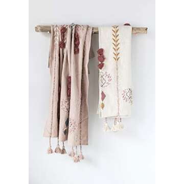 Creative Co-op DF1631 Embroidered Cream Cotton Decorative Applique, Pom Poms & Tassels Blankets and Throws, Off-White