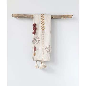 Creative Co-op DF1631 Embroidered Cream Cotton Decorative Applique, Pom Poms & Tassels Blankets and Throws, Off-White