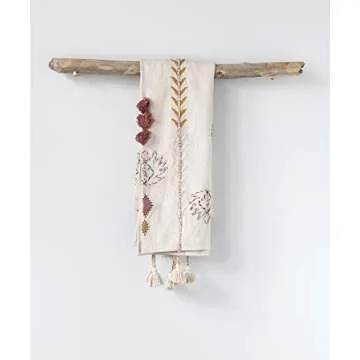 Creative Co-op DF1631 Embroidered Cream Cotton Decorative Applique, Pom Poms & Tassels Blankets and Throws, Off-White