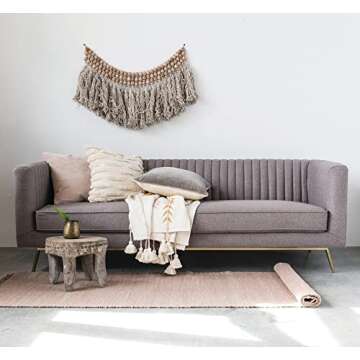 Creative Co-op DF1631 Embroidered Cream Cotton Decorative Applique, Pom Poms & Tassels Blankets and Throws, Off-White