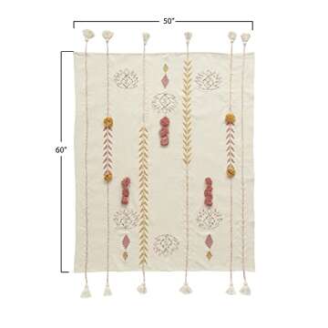 Creative Co-op DF1631 Embroidered Cream Cotton Decorative Applique, Pom Poms & Tassels Blankets and Throws, Off-White