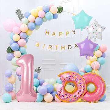 Dripykiaa 6 Pcs Donut Balloon Bouquet 40” Pink One Year Old Balloon Set for First Birthday Donuts ...