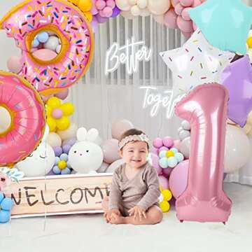 Dripykiaa 6 Pcs Donut Balloon Bouquet 40” Pink One Year Old Balloon Set for First Birthday Donuts Foil Helium Balloons Sweet One Donut Birthday Party Decorations Party Supplies Backdrops for Girls