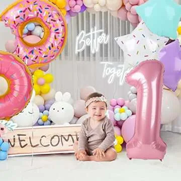 Dripykiaa 6 Pcs Donut Balloon Bouquet 40” Pink One Year Old Balloon Set for First Birthday Donuts Foil Helium Balloons Sweet One Donut Birthday Party Decorations Party Supplies Backdrops for Girls