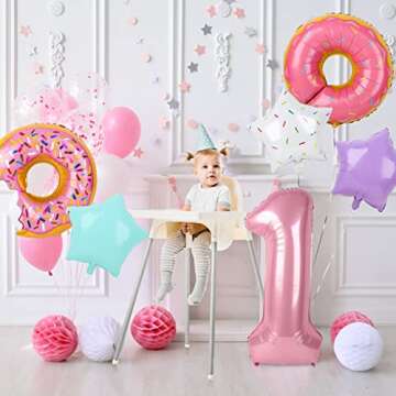 Dripykiaa 6 Pcs Donut Balloon Bouquet 40” Pink One Year Old Balloon Set for First Birthday Donuts Foil Helium Balloons Sweet One Donut Birthday Party Decorations Party Supplies Backdrops for Girls