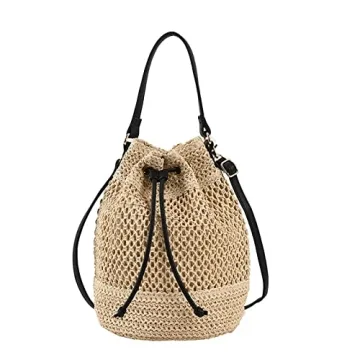 OWGSEE Straw Bucket Bag for Women, Summer Woven Beach Bag Drawstring Hobo Bucket Purses Handbag for ...