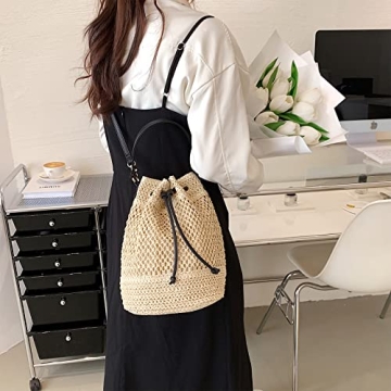 OWGSEE Straw Bucket Bag for Women, Summer Woven Beach Bag Drawstring Hobo Bucket Purses Handbag for Vacation (Beige)