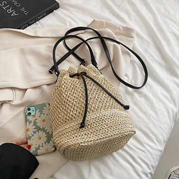 OWGSEE Straw Bucket Bag for Women, Summer Woven Beach Bag Drawstring Hobo Bucket Purses Handbag for Vacation (Beige)