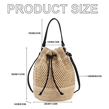 OWGSEE Straw Bucket Bag for Women, Summer Woven Beach Bag Drawstring Hobo Bucket Purses Handbag for Vacation (Beige)