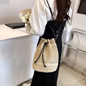 OWGSEE Straw Bucket Bag for Women, Summer Woven Beach Bag Drawstring Hobo Bucket Purses Handbag for Vacation (Beige)
