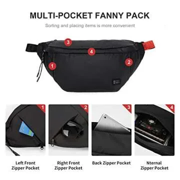 Large Crossbody Fanny Pack for Women Men,Waterproof Waist Bag Pack with Adjustable Strap & 5-Zipper Pockets,Black