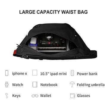Large Crossbody Fanny Pack for Women Men,Waterproof Waist Bag Pack with Adjustable Strap & 5-Zipper Pockets,Black