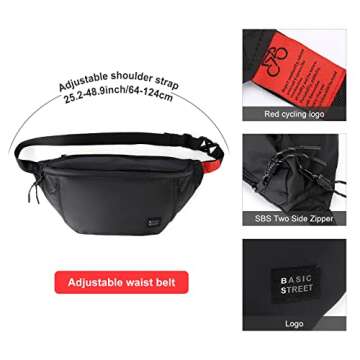 Large Crossbody Fanny Pack for Women Men,Waterproof Waist Bag Pack with Adjustable Strap & 5-Zipper Pockets,Black