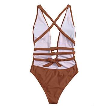 SweatyRocks Women's Sexy Basic Criss Cross Tie Knot Front Deep V Open Back One Piece Swimwear Brown ...