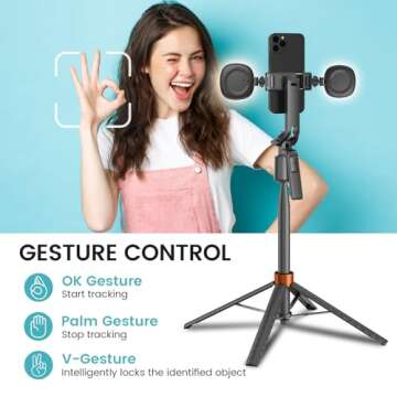 Face Tracking Tripod for iPhone,70" Tall Travel Phone Tripod Stand with Light,Remote and Gesture Con...