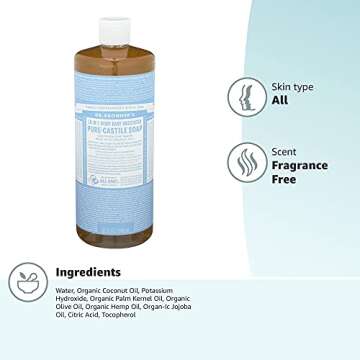 Dr. Bronner's - Pure-Castile Liquid Soap (Baby Unscented, 32 Ounce) - Made with Organic Oils, 18-in-1 Uses: Face, Hair, Laundry, Dishes, For Sensitive Skin, Babies, No Added Fragrance, Vegan, Non-GMO