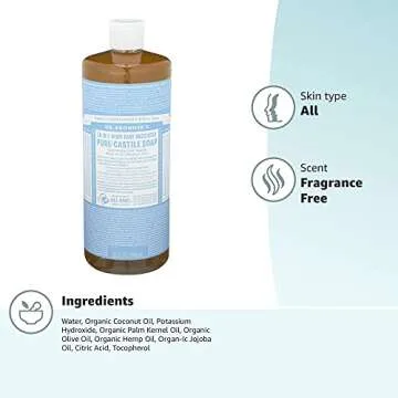 Dr. Bronner's - Pure-Castile Liquid Soap (Baby Unscented, 32 Ounce) - Made with Organic Oils, 18-in-1 Uses: Face, Hair, Laundry, Dishes, For Sensitive Skin, Babies, No Added Fragrance, Vegan, Non-GMO
