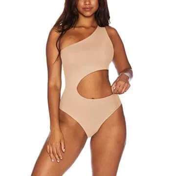 REORIA Women's Sexy One Shoulder Cutout Waist Sleeveless Slimming Leotard Bodysuit - Nude Small