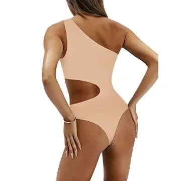 REORIA Women's Sexy One Shoulder Cutout Waist Sleeveless Slimming Leotard Bodysuit - Nude Small