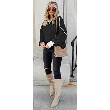 ETCYY Womens Oversized Sweaters Fall 2025 Fashion Clothes Trendy Batwing Sleeve Colorblock Striped Knit Pullover Tops,Black,Medium