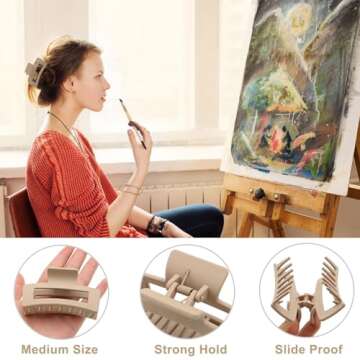 6 Pack Square Claw for Women Girls, 3.5" Medium Non-slip Rectangular Matte Clips Strong Hold Jumbo Hair Styling Accessories, Brown