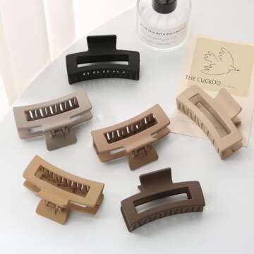 6 Pack Square Claw for Women Girls, 3.5" Medium Non-slip Rectangular Matte Clips Strong Hold Jumbo Hair Styling Accessories, Brown
