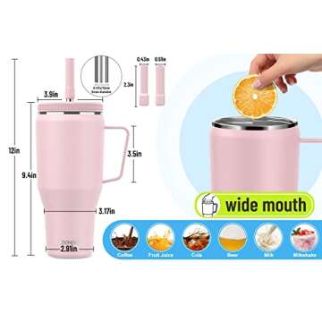 Zenbo 40 oz Tumbler with Handle, Straw Lid, and Cupholder-Friendly Design | Insulated Stainless Steel Travel Mug, Reusable Water Bottle | Leak-Proof, Dishwasher Safe