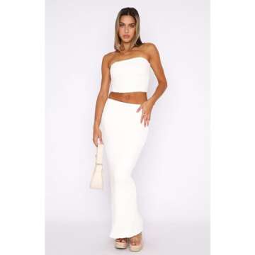 Two Piece Skirt Outfits for Women Sleeveless Tube Tops Bodycon Sexy Maxi Dress 2 Piece Summer Y2K Vacation Set White-XL