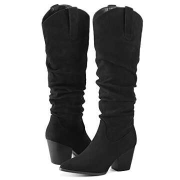 mysoft Women's Cowboy Knee-High Boots Pointed Toe Mid Chunky Heel Pull On Slouchy Boots with Zippers