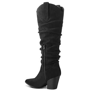 mysoft Women's Cowboy Knee-High Boots Pointed Toe Mid Chunky Heel Pull On Slouchy Boots with Zippers