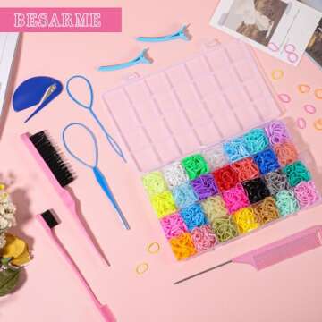 BESARME 28 Colors Rubber Bands for Hair with 7 Hair Styling Tools, 2100 Pcs Colorful Elastic Hair Ties Ponytail Holders Hair Accessories for Girls Baby Toddler Christmas Gifts