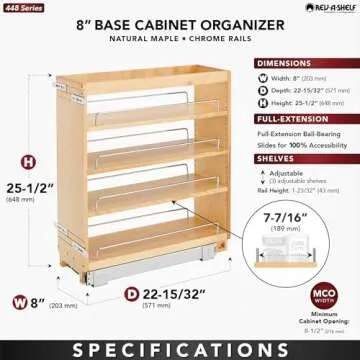 Rev-A-Shelf 8" Pullout Kitchen Cabinet Storage Organizer Slide Out Pantry Spice Rack with Adjustable Shelves for 8.5" W Cabinet Opening, 448-BC-8C