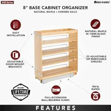 Rev-A-Shelf 8" Pullout Kitchen Cabinet Storage Organizer Slide Out Pantry Spice Rack with Adjustable Shelves for 8.5" W Cabinet Opening, 448-BC-8C