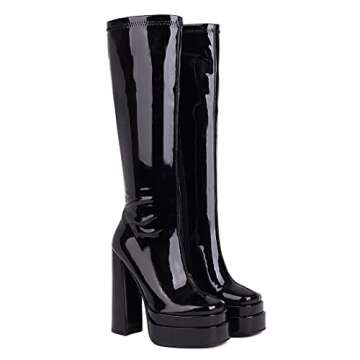 Cozivwaiy Women Platform Knee High Boots Black Square Toe Chunky Long Boots for Party High Heel Stre...