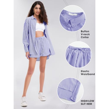 EXLURA Women's Summer 2 Piece Sets Long Sleeve Button Down Shirts Matching Short Sets Oversized Spring Vacation Outfits 2025