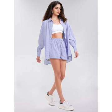 EXLURA Women's Summer 2 Piece Sets Long Sleeve Button Down Shirts Matching Short Sets Oversized Spring Vacation Outfits 2025