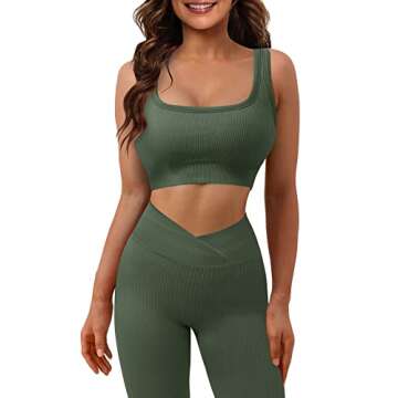 JZC Ribbed Workout Outfits for Women 2 Piece Seamless Sport Bra V Waist Yoga Leggings Sets Dark Green Small